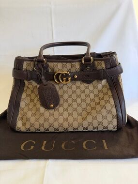 Gucci Beige Monogram GG Top-Handle Satchel with Brown Trim